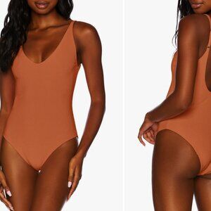 NWT Beach Riot Reese Ribbed v Neck One Piece Low Back Swimsuit Carmel Brown XL